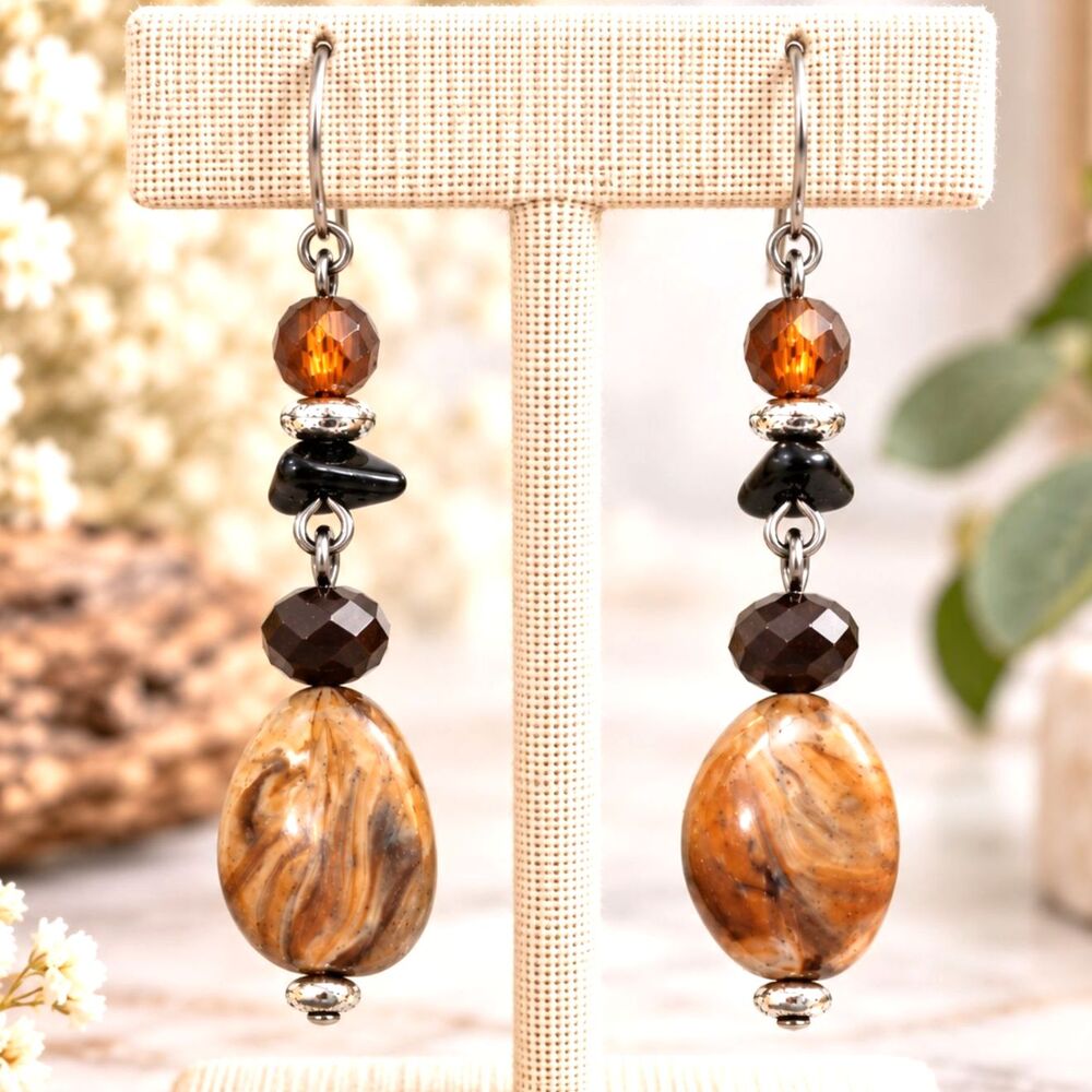 Boho Earth Tone Bead Drop Earrings Gunmetal Brown Amber Rustic Dangle